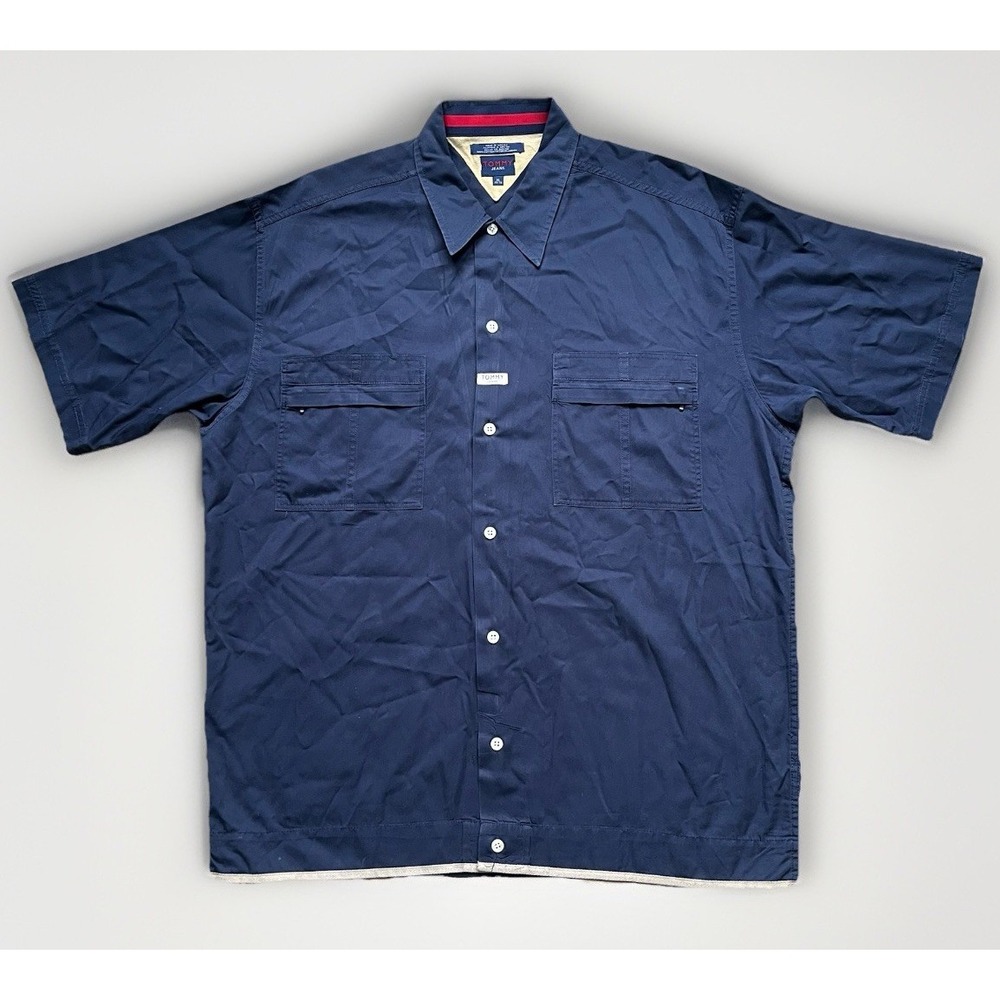 Vintage Tommy Hilfiger (Jeans) Shirt Mens XL Blue Denim Button Up Short Sleeve